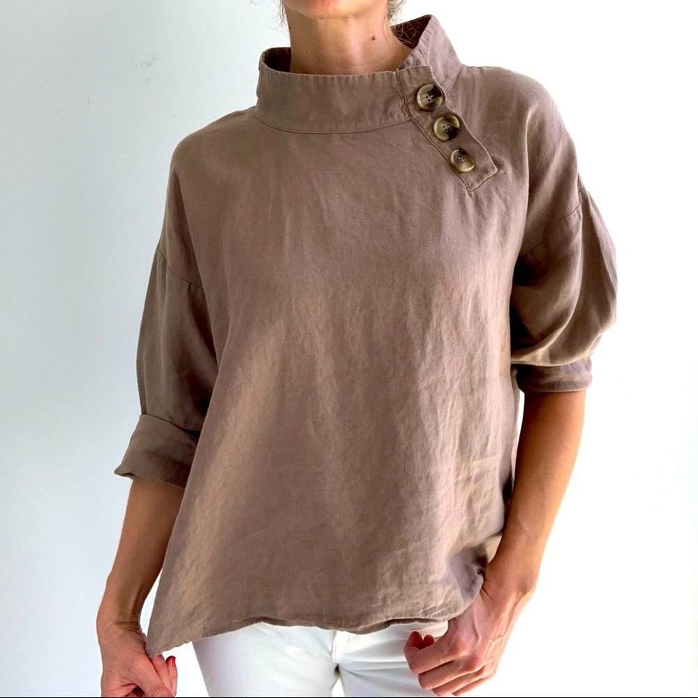 Zara 100% linen button mock neck top- blouse, size M, oversized, light brown